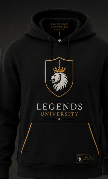 Black hooded sweatshirt with gold piping and a shield crest with LEGENDS UNIVERSITY embroidery on the chest